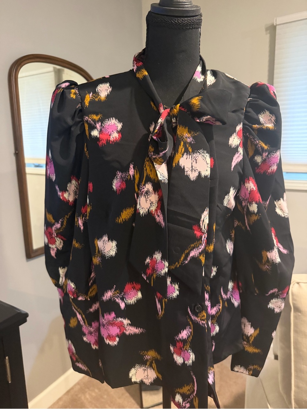 Who What Wear Black Floral Tie-Neck Blouse with Pink and Yellow Accents